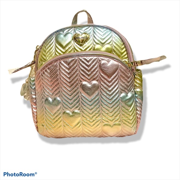 New Betsey Johnson Metallic Quilted Hearts Backpack - Picture 2 of 7